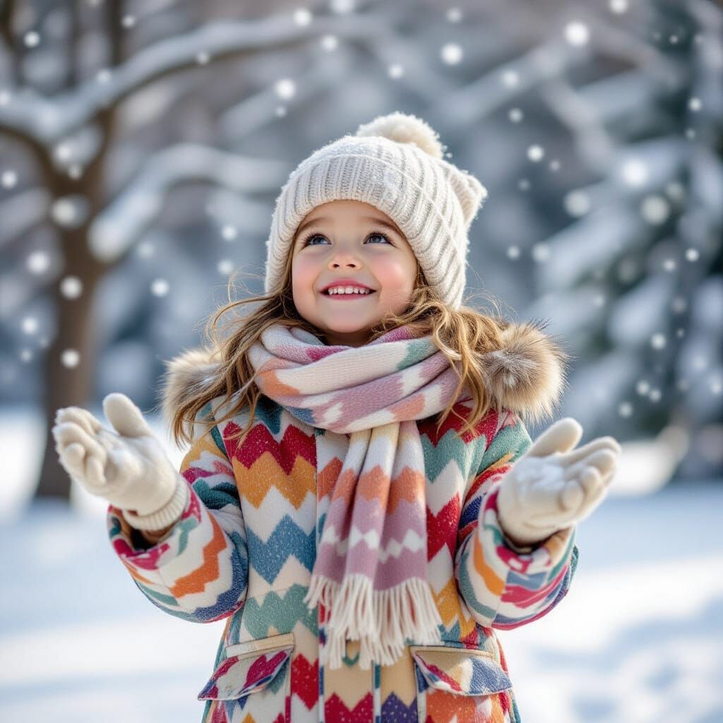 Happy Child in Snowfall: A Cozy Winter Scene