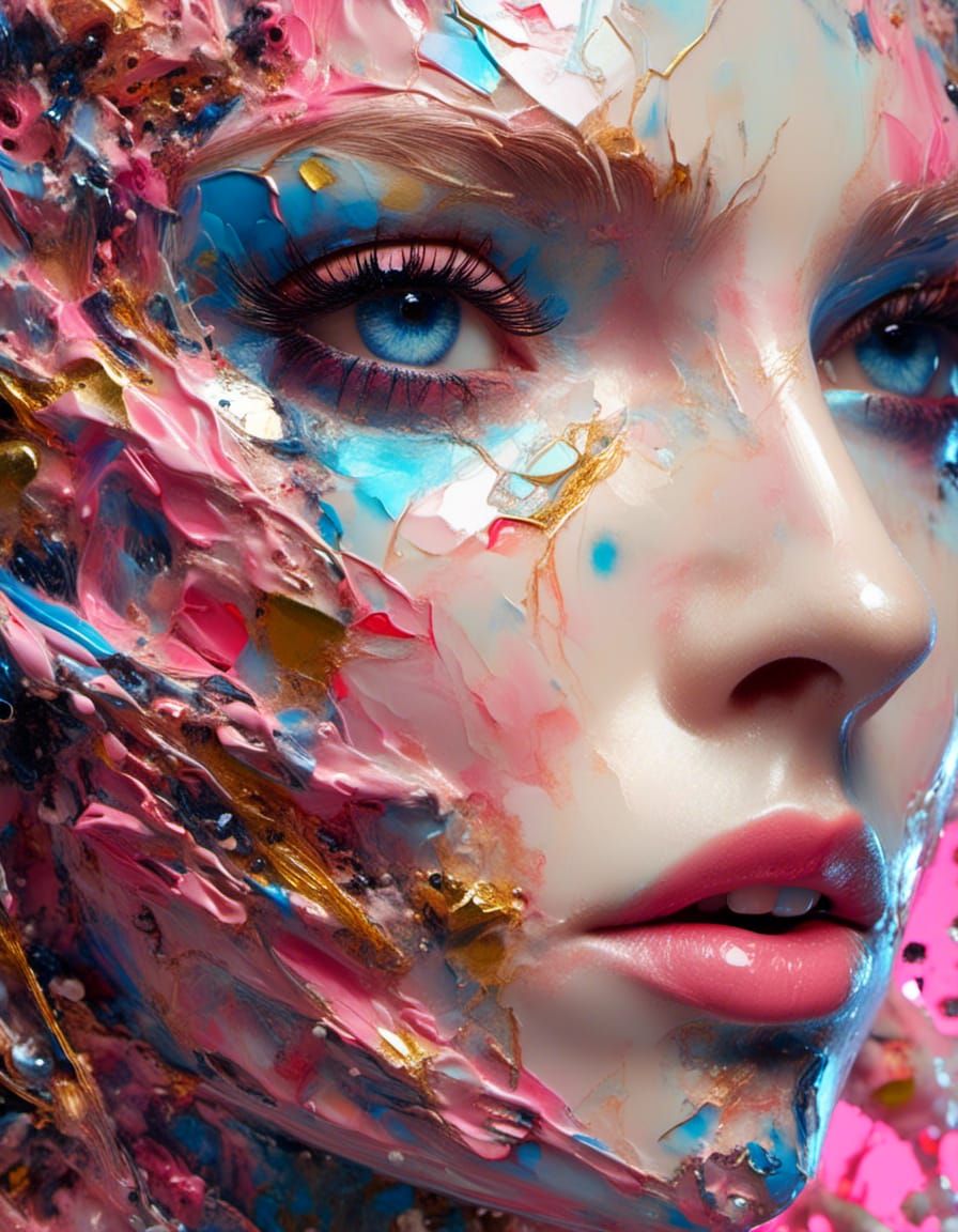 <lora:Splasher:1.0><lora:Impax:1.0>Close macro eye Stunningly Beautiful woman modern multicolored  pink blue gold  abstract geometrism macro...