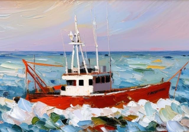 Trawler in Heavy Weather, palette-knife, neo-impressionism expressionist style oil painting, smooth post-impressionist impasto acrylic paint...
