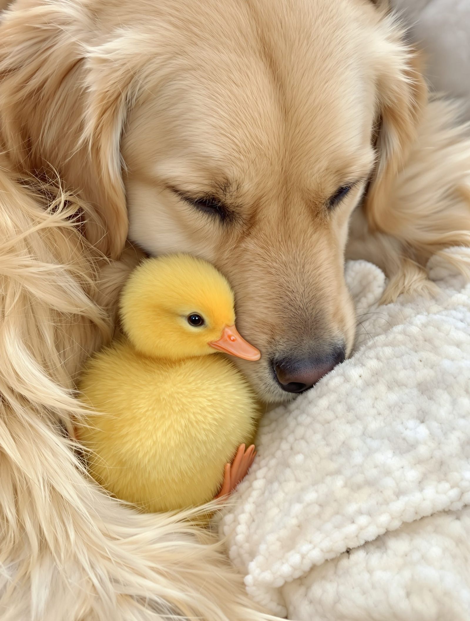 an adorable yellow duckling nestled cozily in the fur of a large golden retriever dog  by @Fantasy Duck