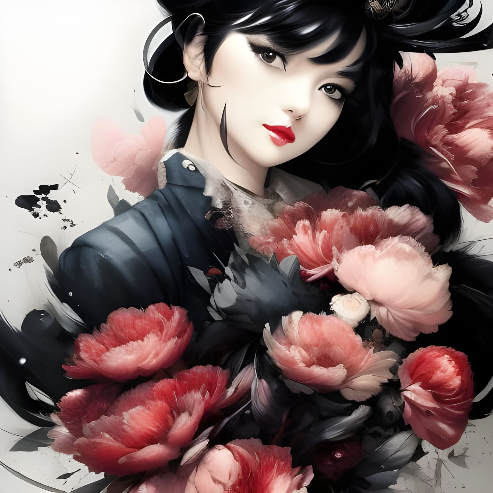 Black Hair Portrait in Anime Ink Drip Style