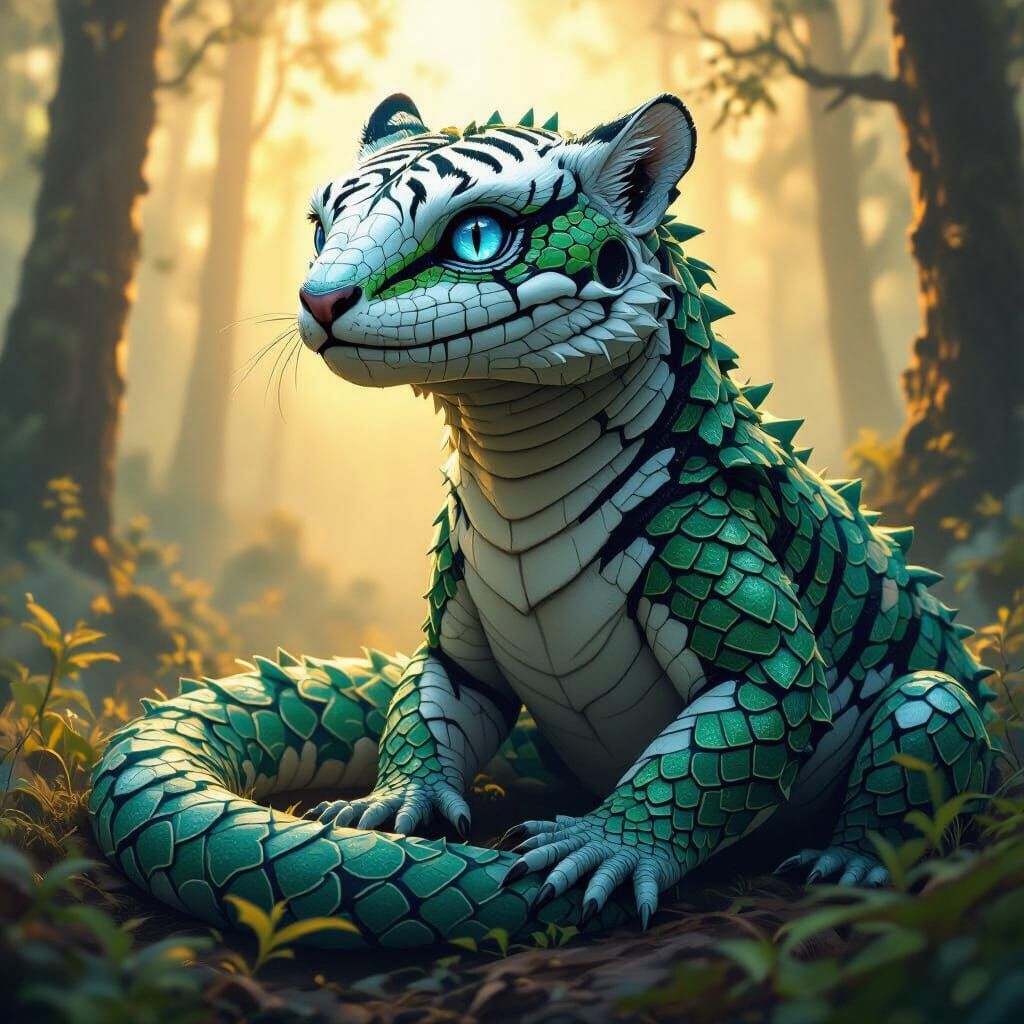 a realistic skink crossed with a snow tiger in a forest