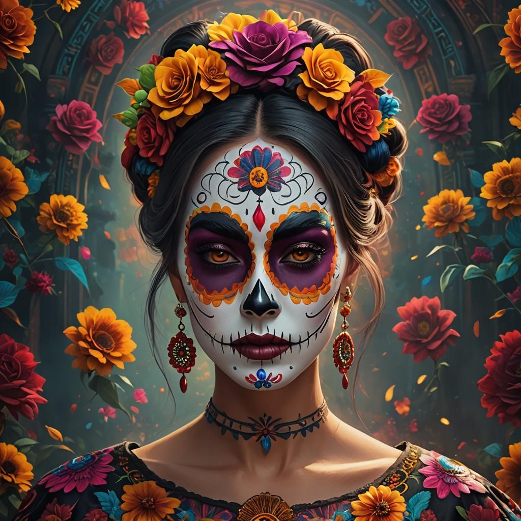 Medium shot of a beautiful woman wearing colorful Día de los Muertos ...