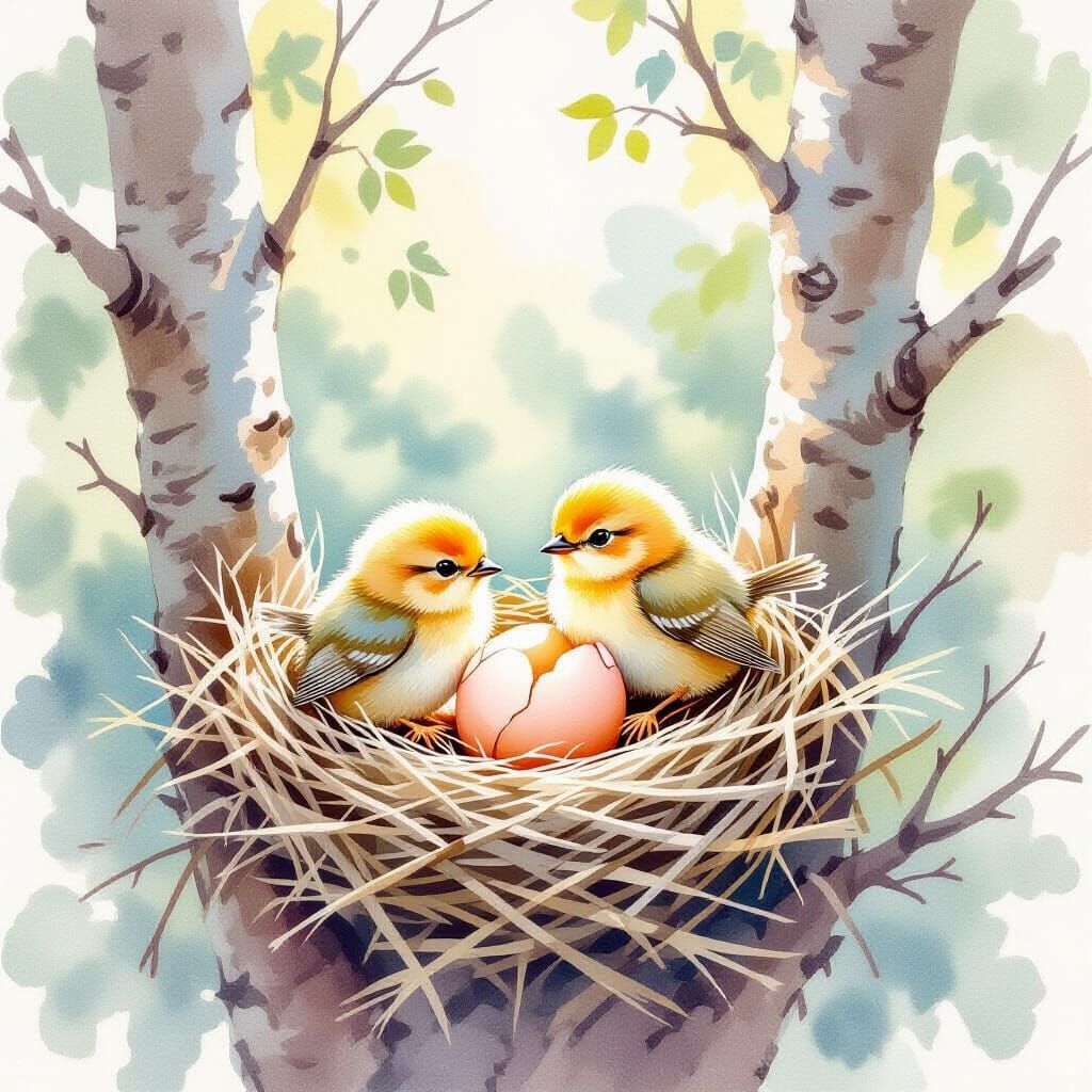 Baby Birds Hatching in Nest on Tall Tree