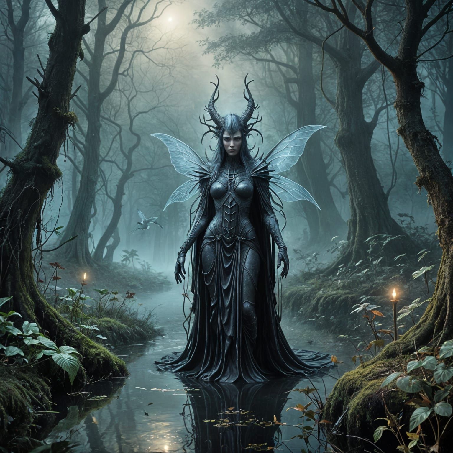 Mystical Spirits Soar Over Enchanted Bog in Dark Forest
