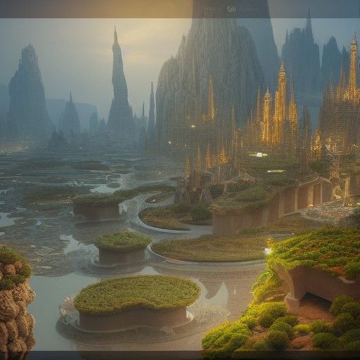 a city in a desert made of islands floating in the air with ...
