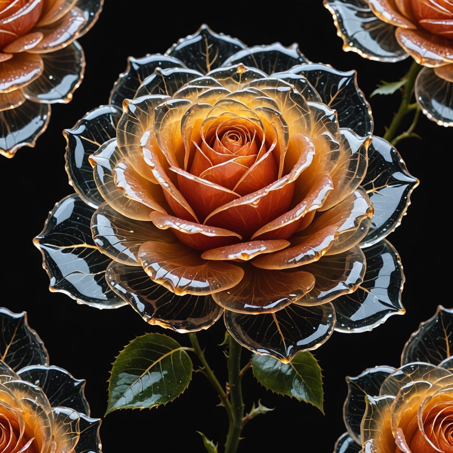 an intricate glass rose with many petals on a black background beautiful delicate translucent glowing magical