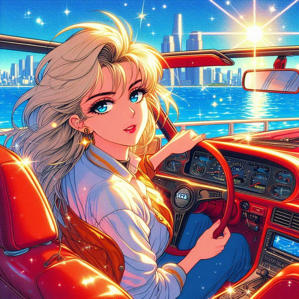 a 1980s anime style image of a blonde haired woman fashion m...
