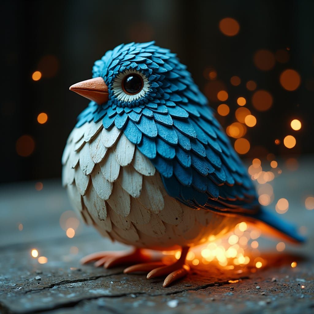 “Create a digital artwork of a small, round bird made entirely of pixel-like wooden blocks, with vibrant blue and white colors. The bird is ...