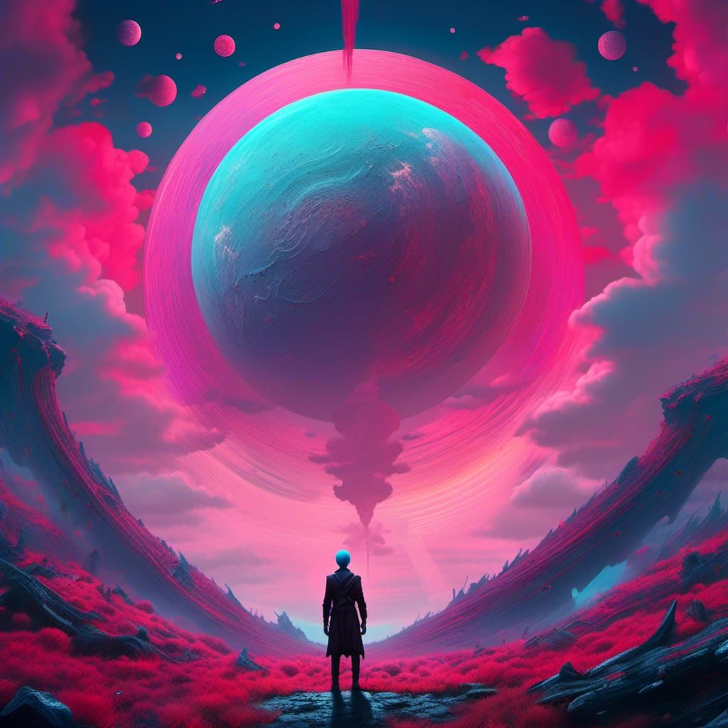 a man standing in front of a giant moon, by Beeple, fantasy art ...