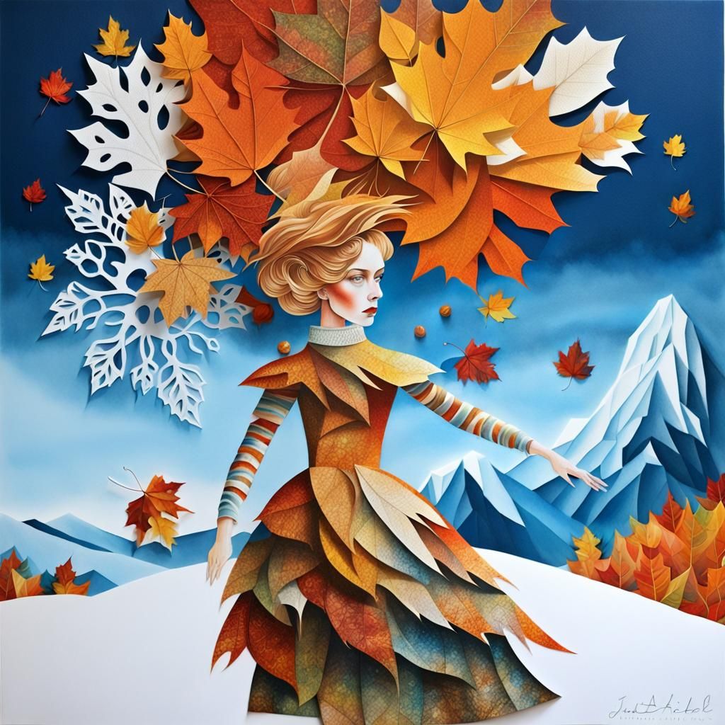 Paper-art portrait, autumn leaves and snow