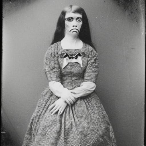 a creepy old photo of a woman wearing a dress patterned with...