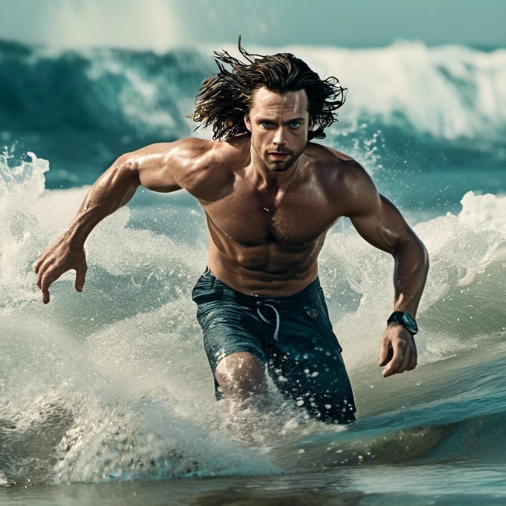 "Current day, at the beach,, Sebastian Stan in swim trunks a...
