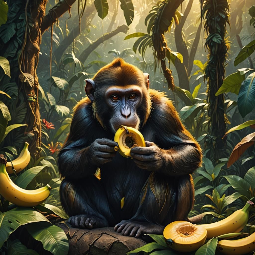 Monkey Eats Banana in Mystical Jungle