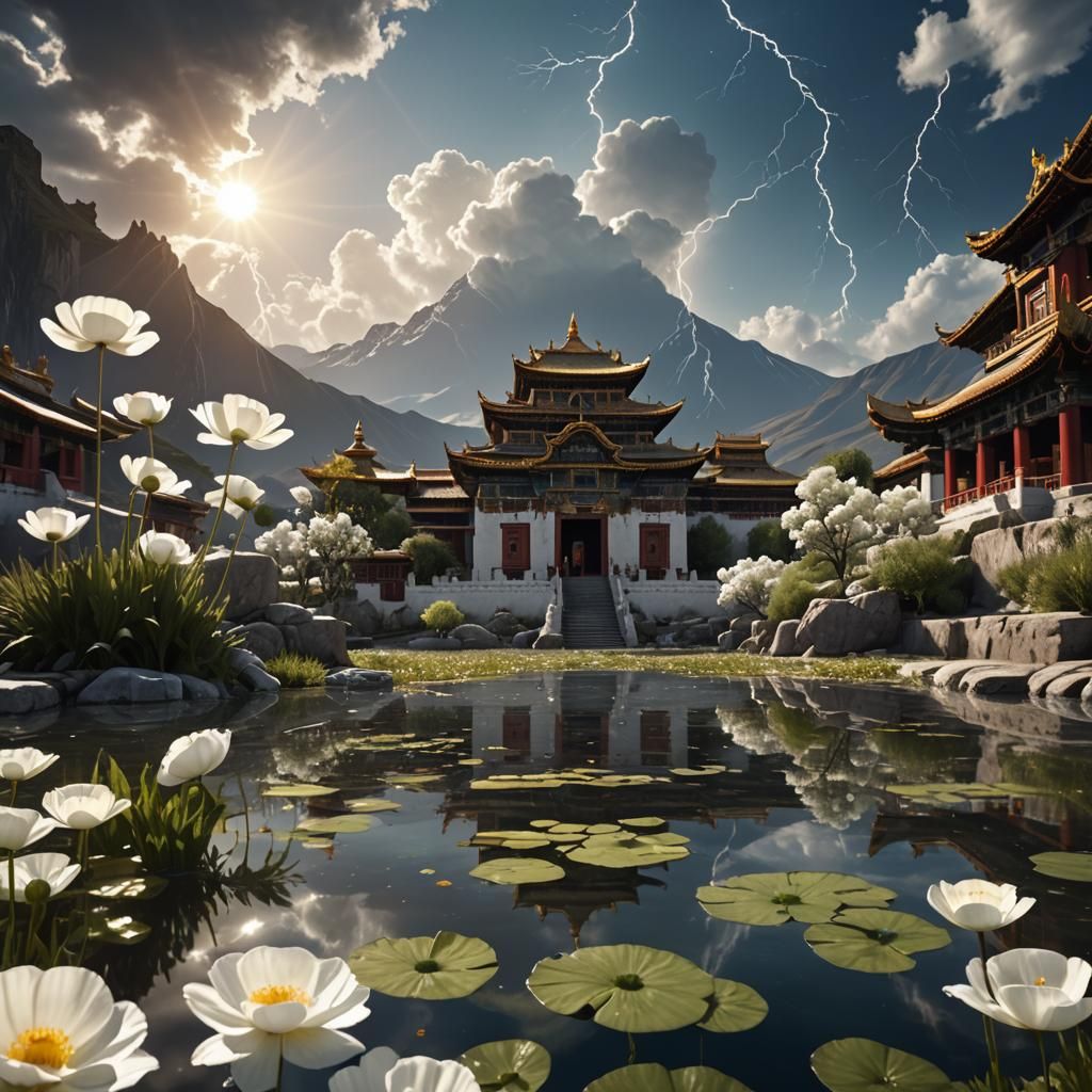 Tibet, water reflection,  lightning, temple, white poppies, ...