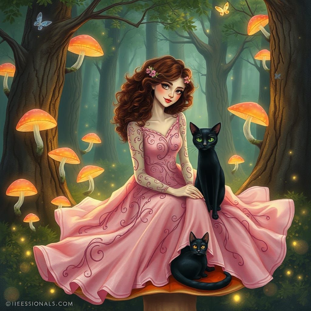 Woman and Cat in Whimsical Forest Illustration