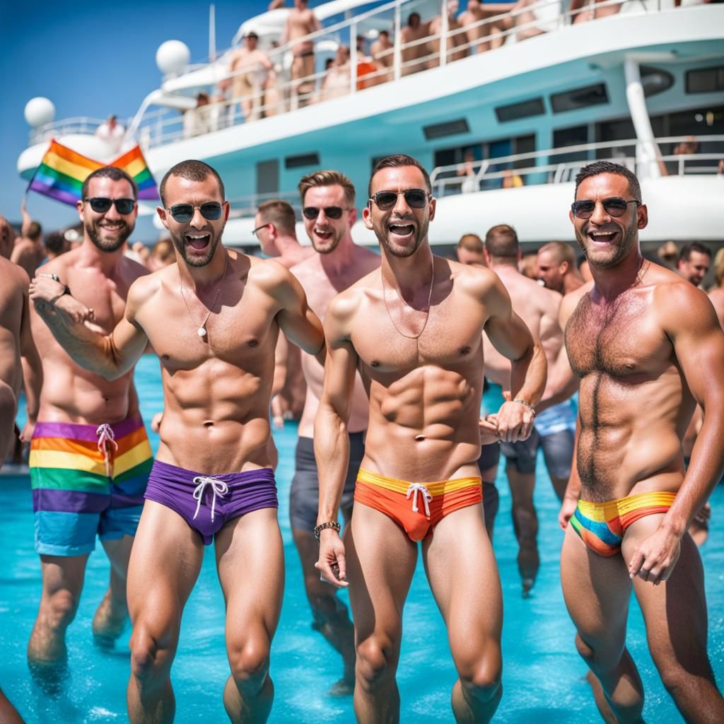 Average men dancing at a gay pool party in a gay cruise, pho...