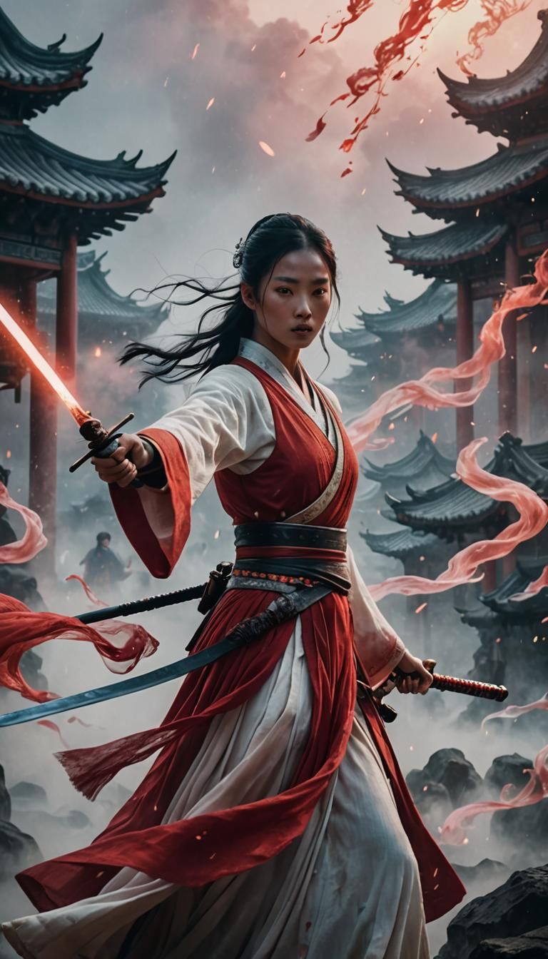 Ethereal Warrior Girl With Sword in Dreamlike Scene