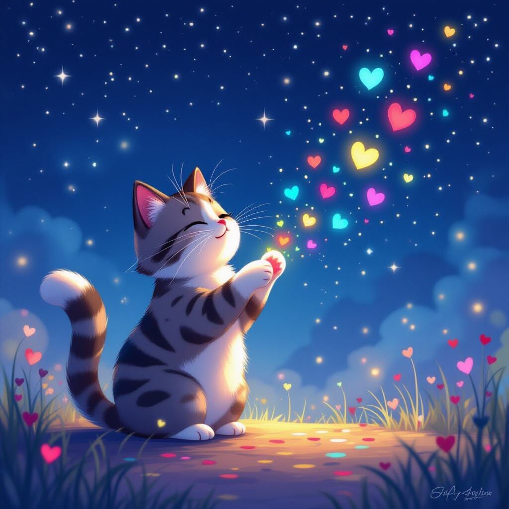 Magical Cat Painting Hearts in Starry Night Sky