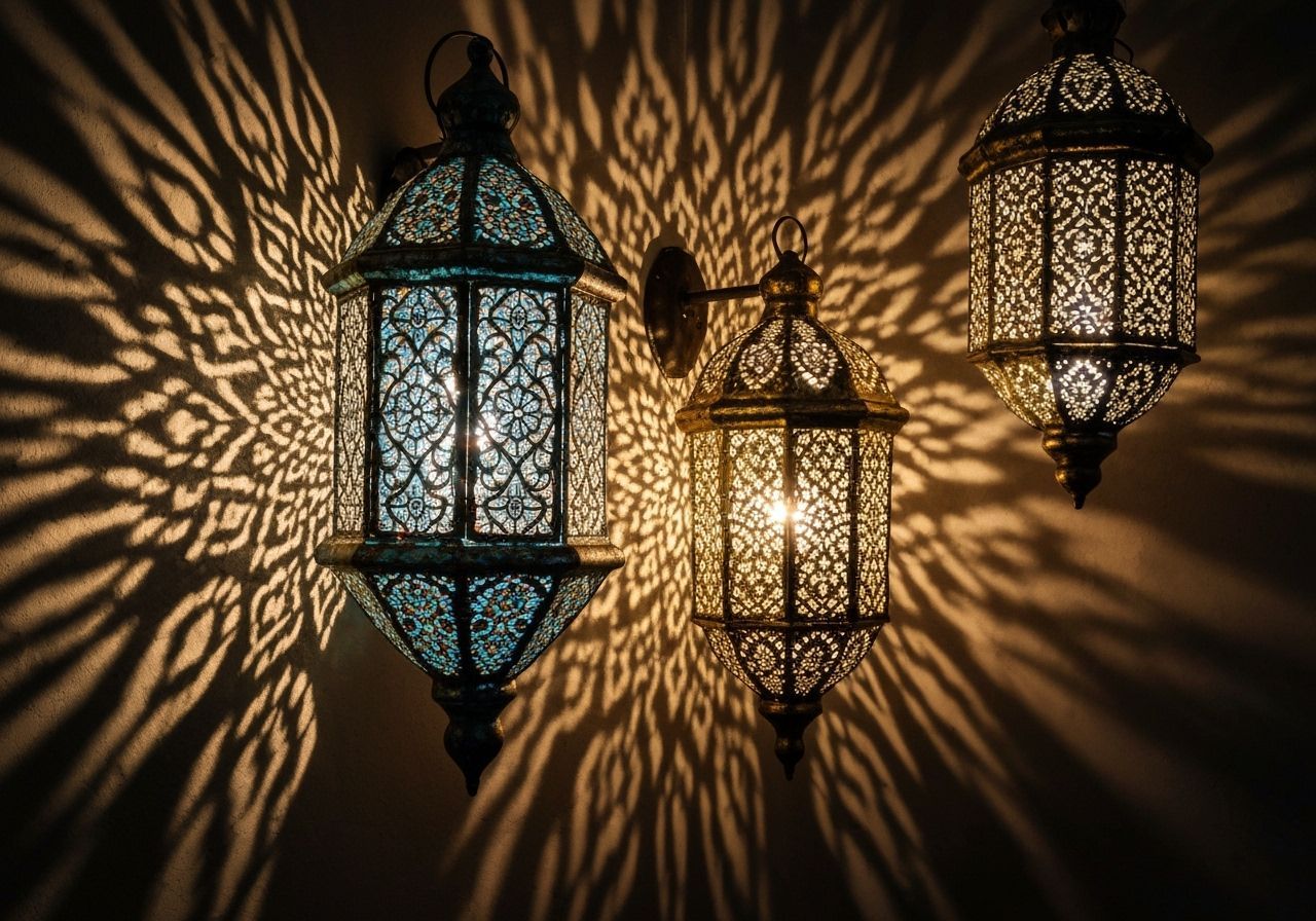 A 4K, highly detailed, realistic image of antique metal lanterns adorning a wall, emitting warm, soft ...  by @Colin Davis