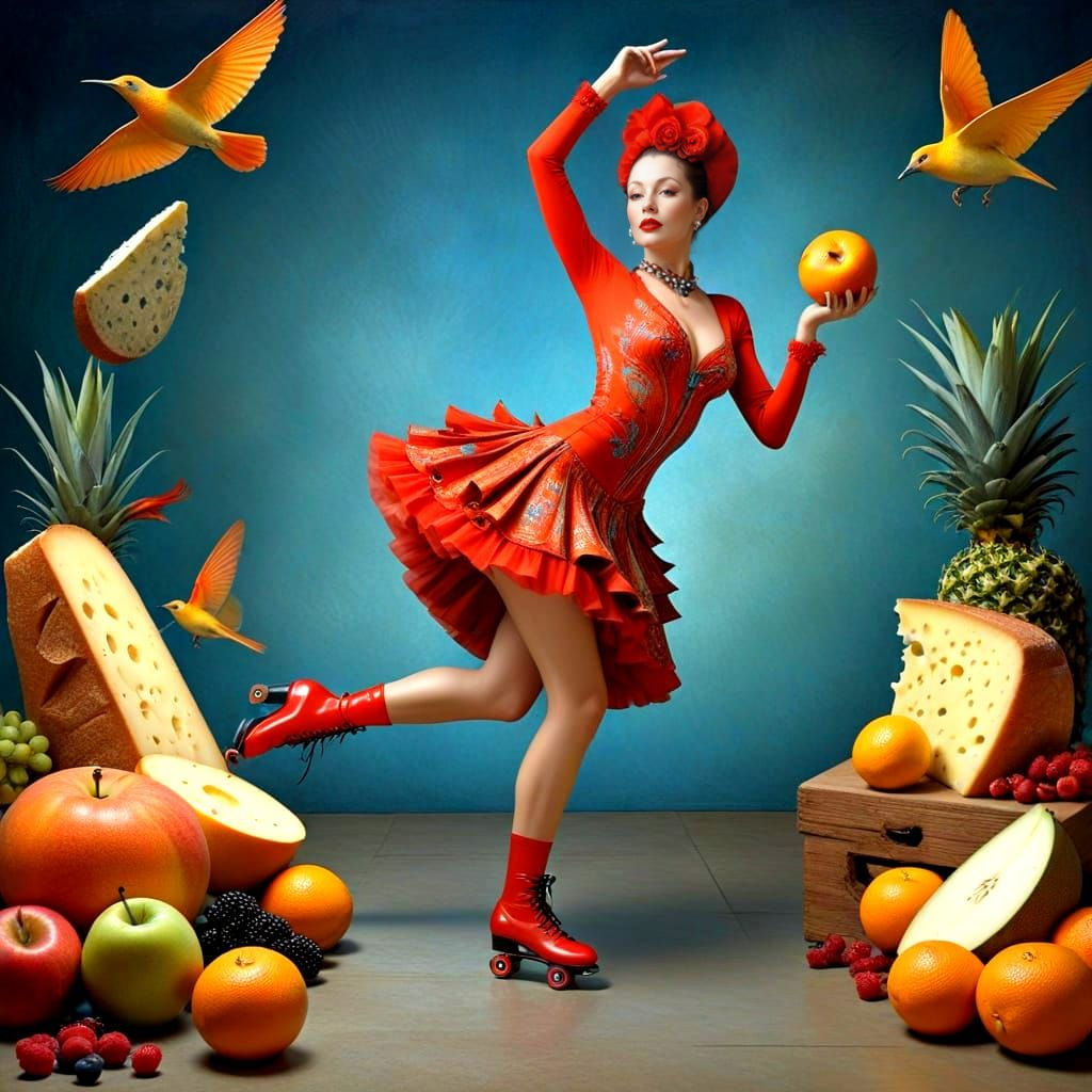 Radiant Woman Roller Skating in Surreal Scene
