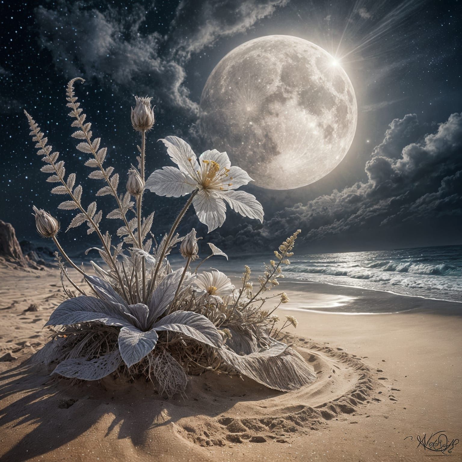 A hyper-detailed charcoal drawing. Medium shot. A rare flower surrounded by swirling sand dust, backlit ...  by @Likra