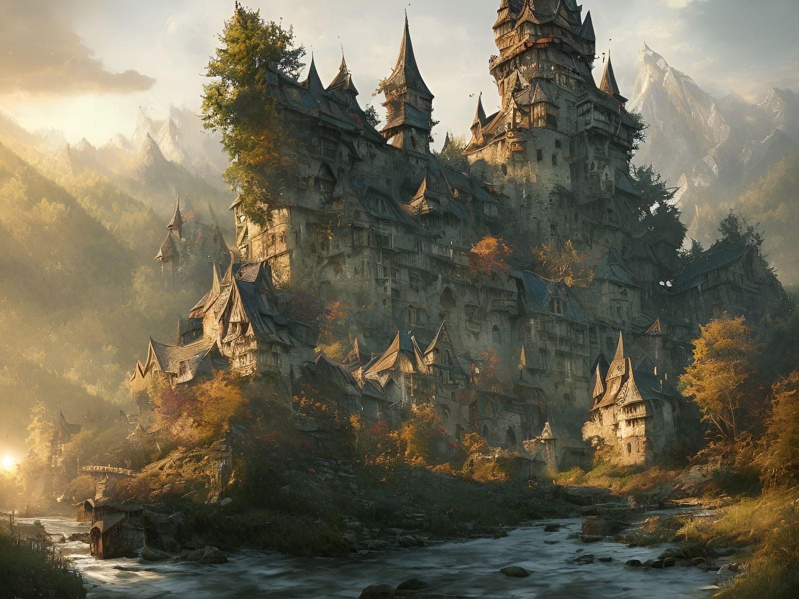 Insanely Detailed Painting Of A Medieval Castle By A River, Mountains 