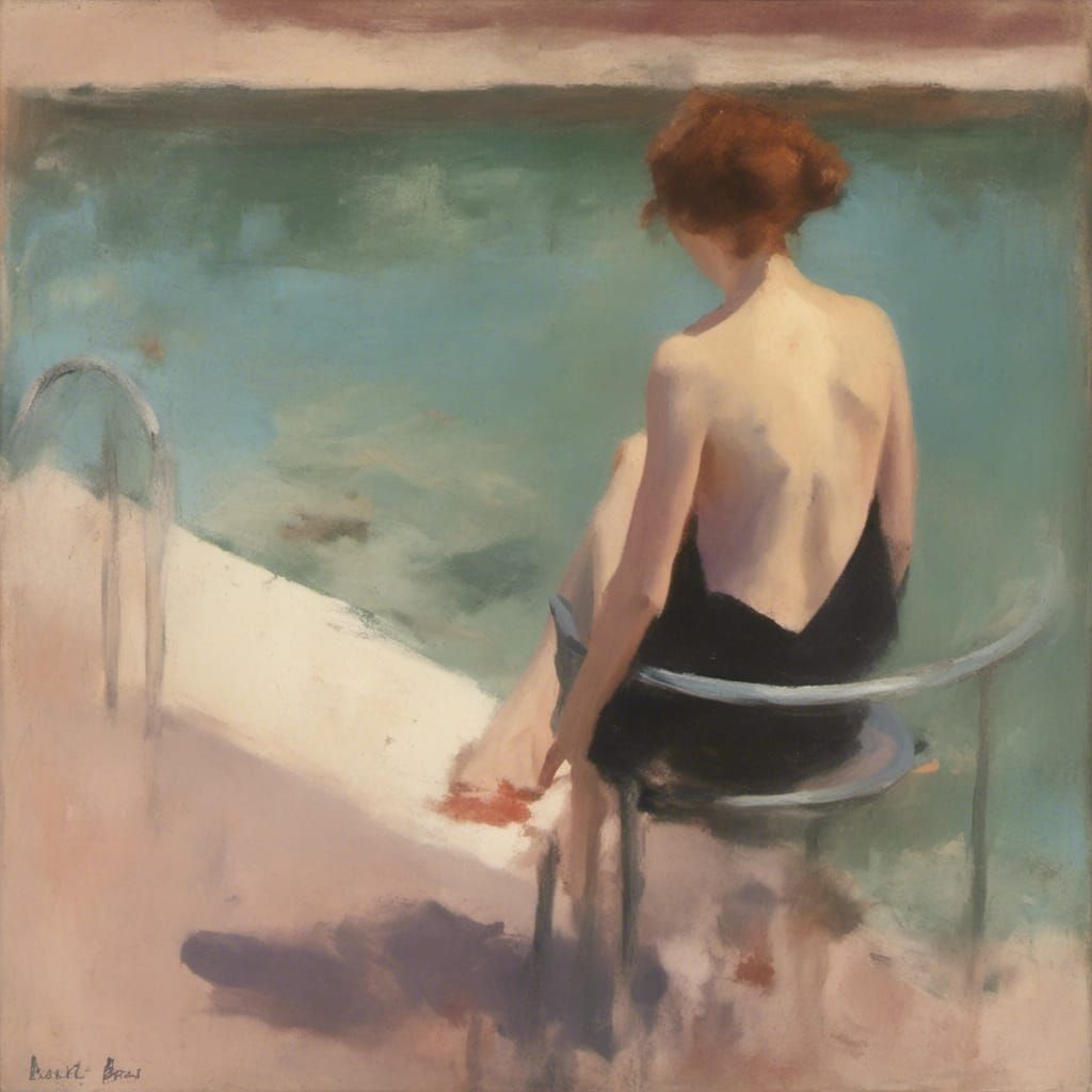 bather at swimming pool,
torso-up portrait,
<lora:Australian Tonalism:1.0> rough, indistinct painting australian tonalism clarice beckett