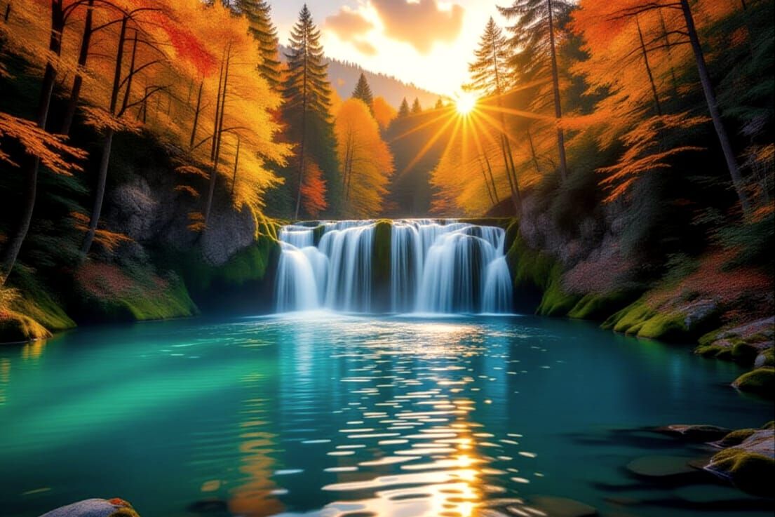 Nature photograph featuring a waterfall in a forest during the autumn season, no. 2