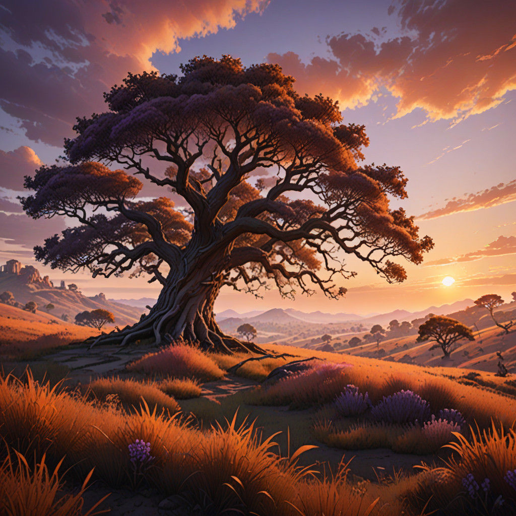 A breathtaking rustic landscape unfolds, showcasing rolling hills bathed in warm earth tones of amber, ...  by @plaisant