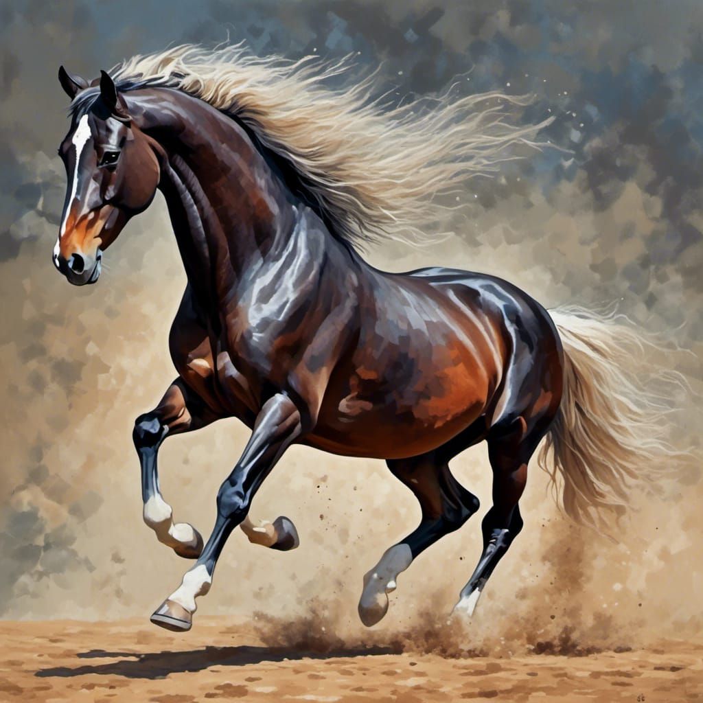 <lora:Screen Print:1.0> A proud and powerful horse prancing