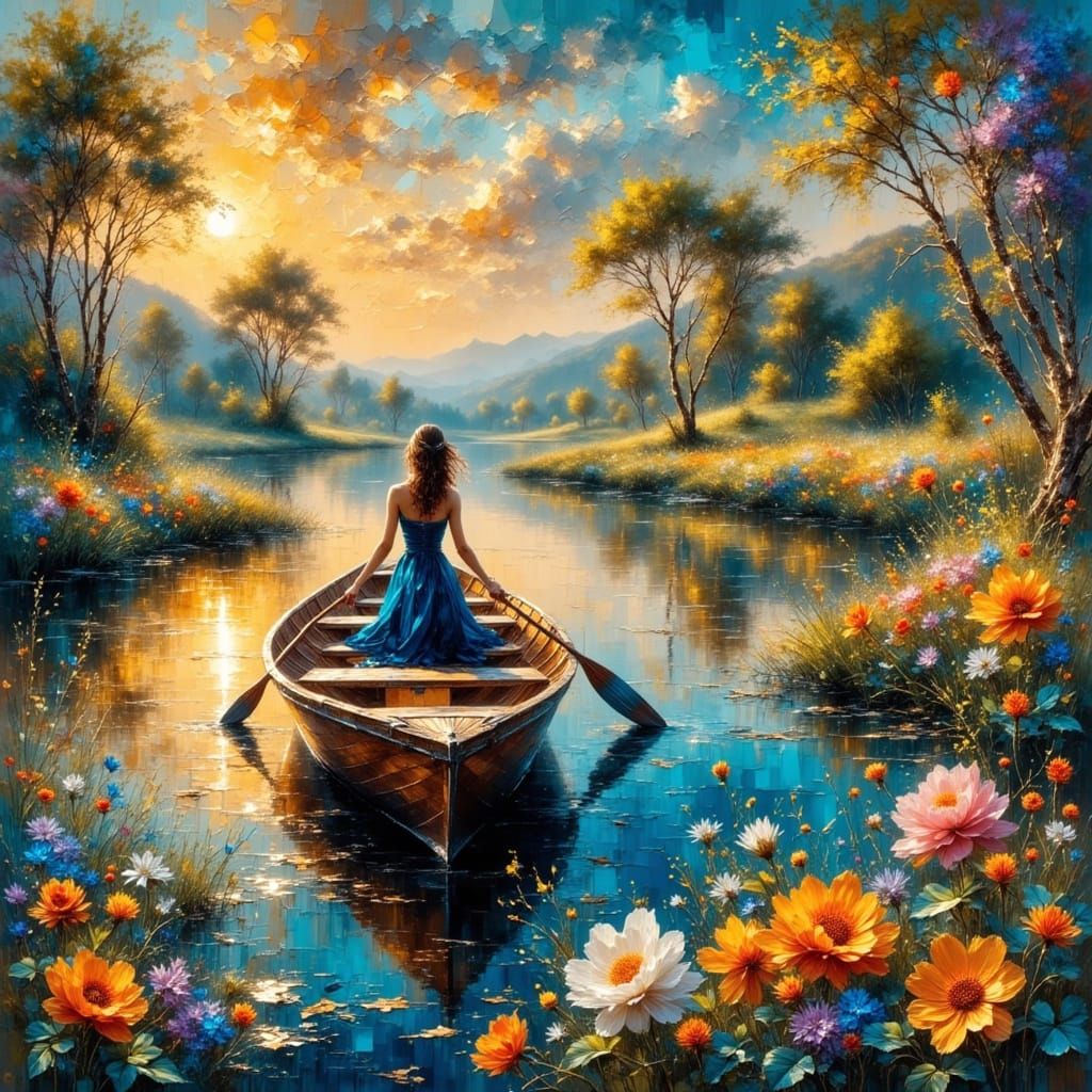 La jeune fille rame la barque avance sur l'eau