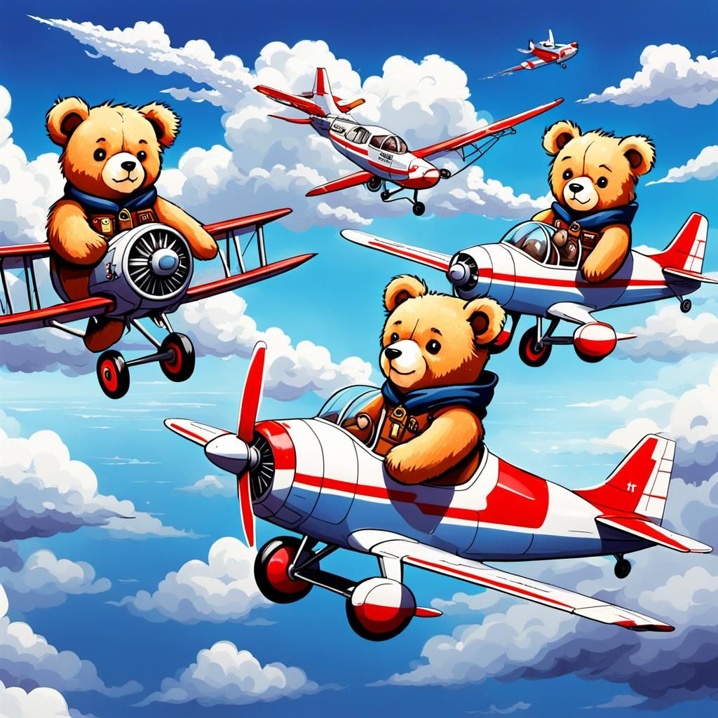 Teddy bears piloting an airplane
