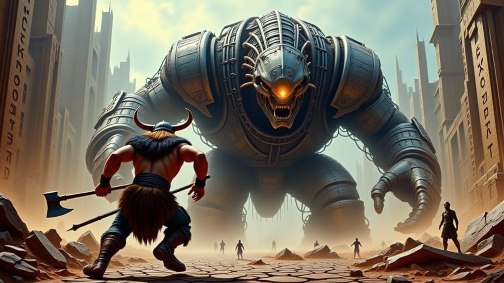  <lora:Giants and Vikings:1.0> "Viking fighting a Gian Robot
t" /(dynamic action)