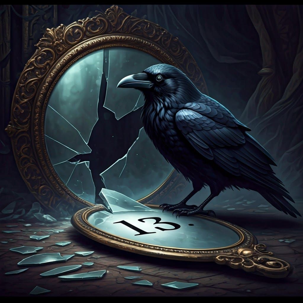 Numéro "13" sur un morceau de miroir brisé près d'un corbeau noir ébène   by @Plumeplum 