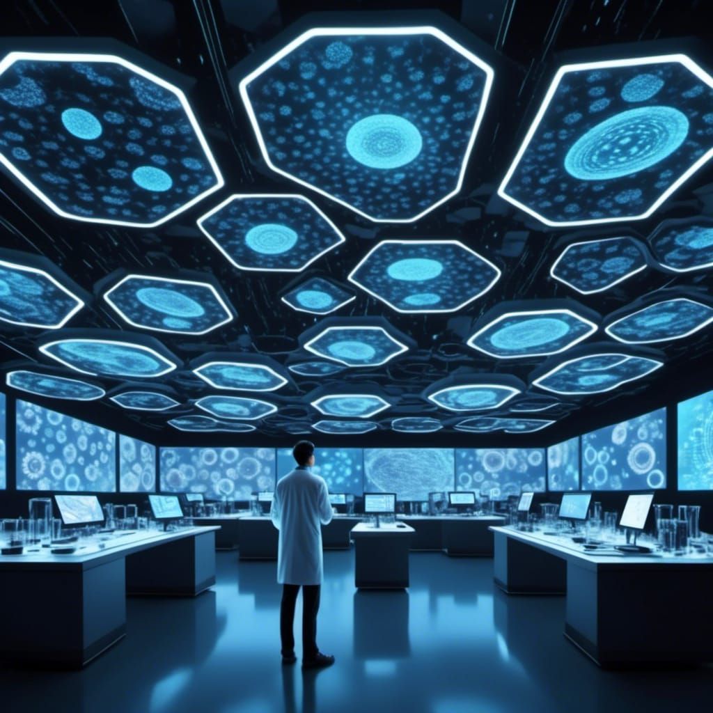  <lora:fingerpunk:1.0> A scientist working in a lab surrounded by floating holographic screens