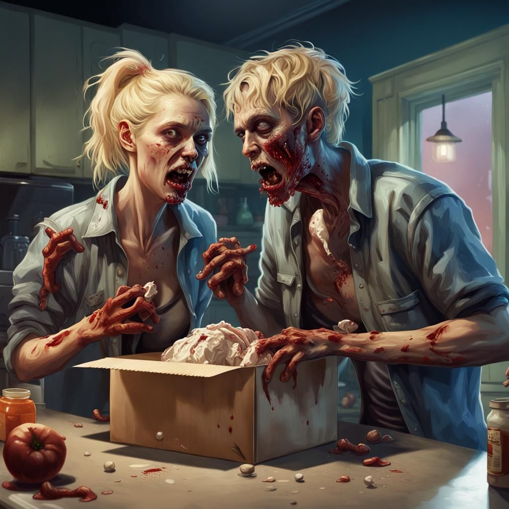 two young zombies, a blond-haired man and a one-armed woman,...