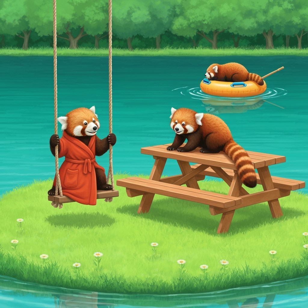 Red pandas playing at the lake, one is on a robe swing, one sits at a picnic table, one is on a float 
