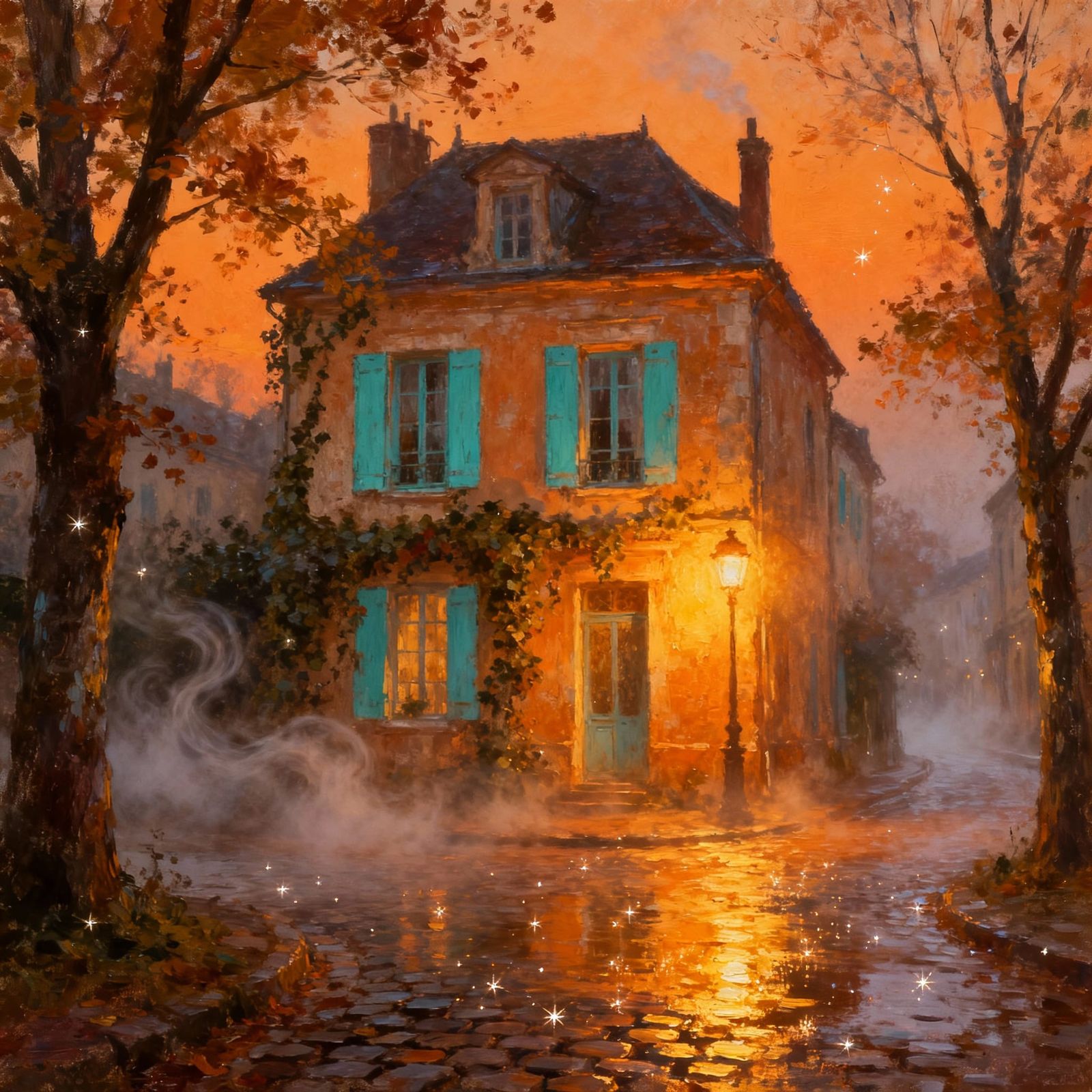 Warm French Townhouse in Misty Autumn Evening