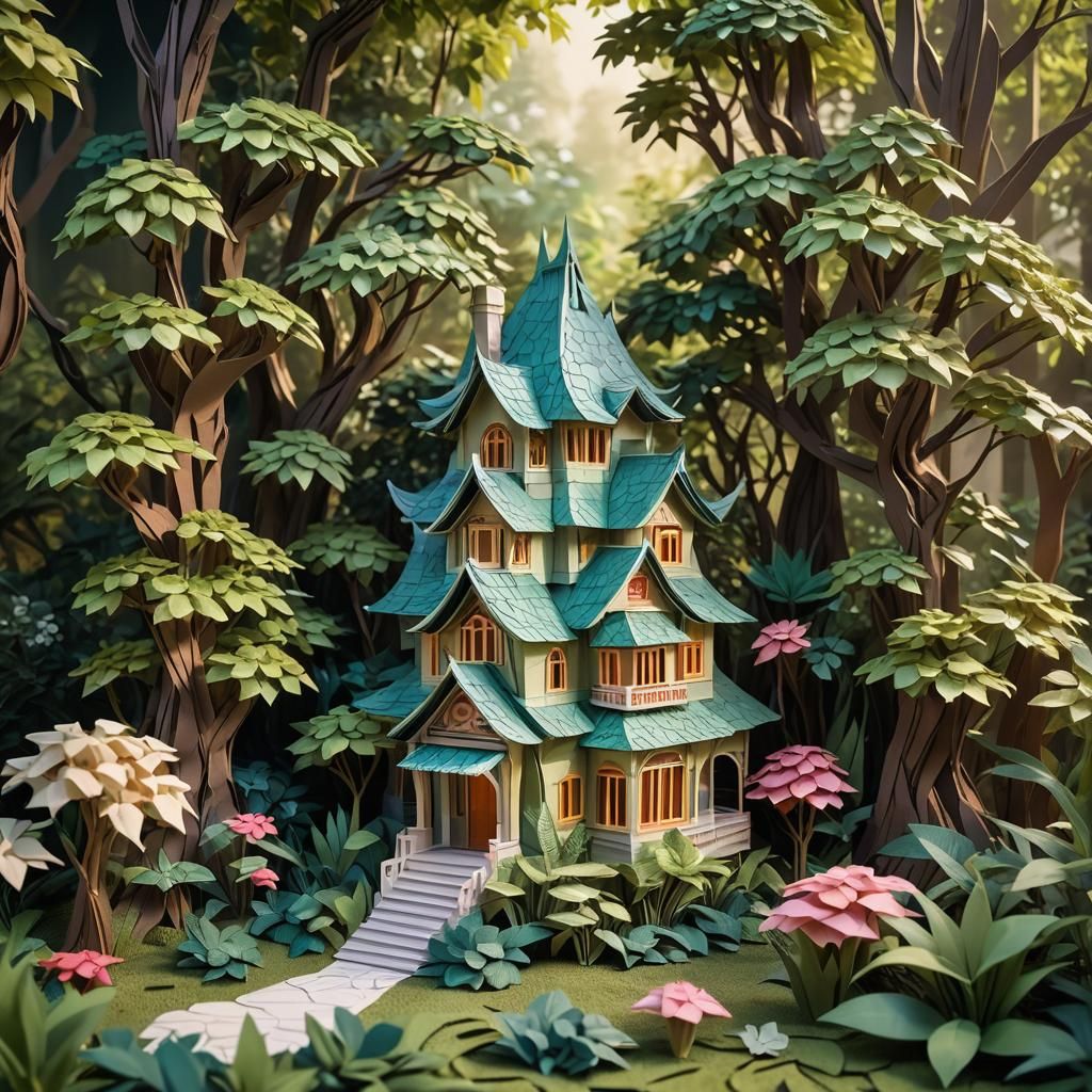 Intricately Detailed Origami House in Lush Greenery