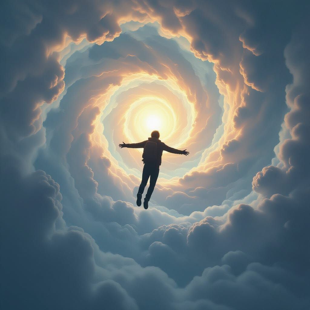 Dreamlike Scene of Person Floating Among Clouds