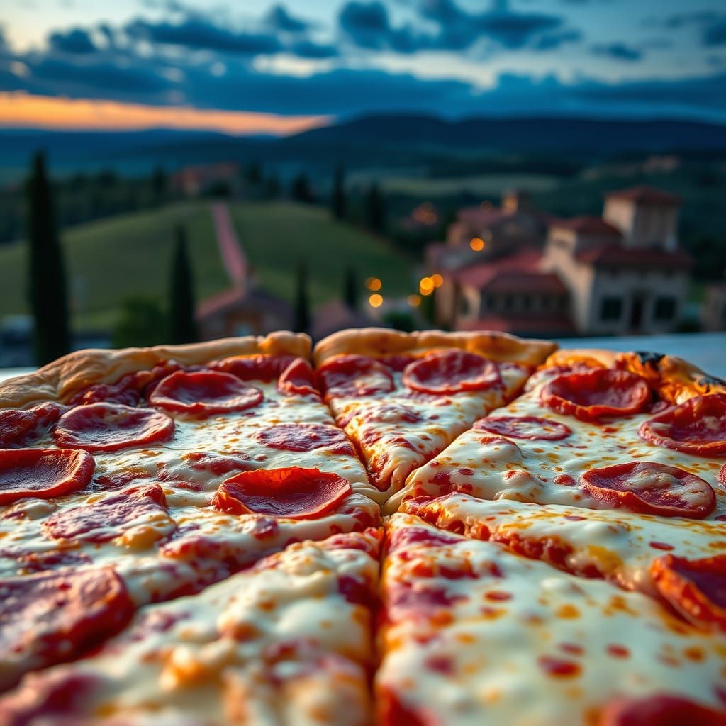 An oozing delicious crispy, cheesy pepperoni pizza. Close-up sharp focus with amazing Tuscan evening ...  by @HarrietM