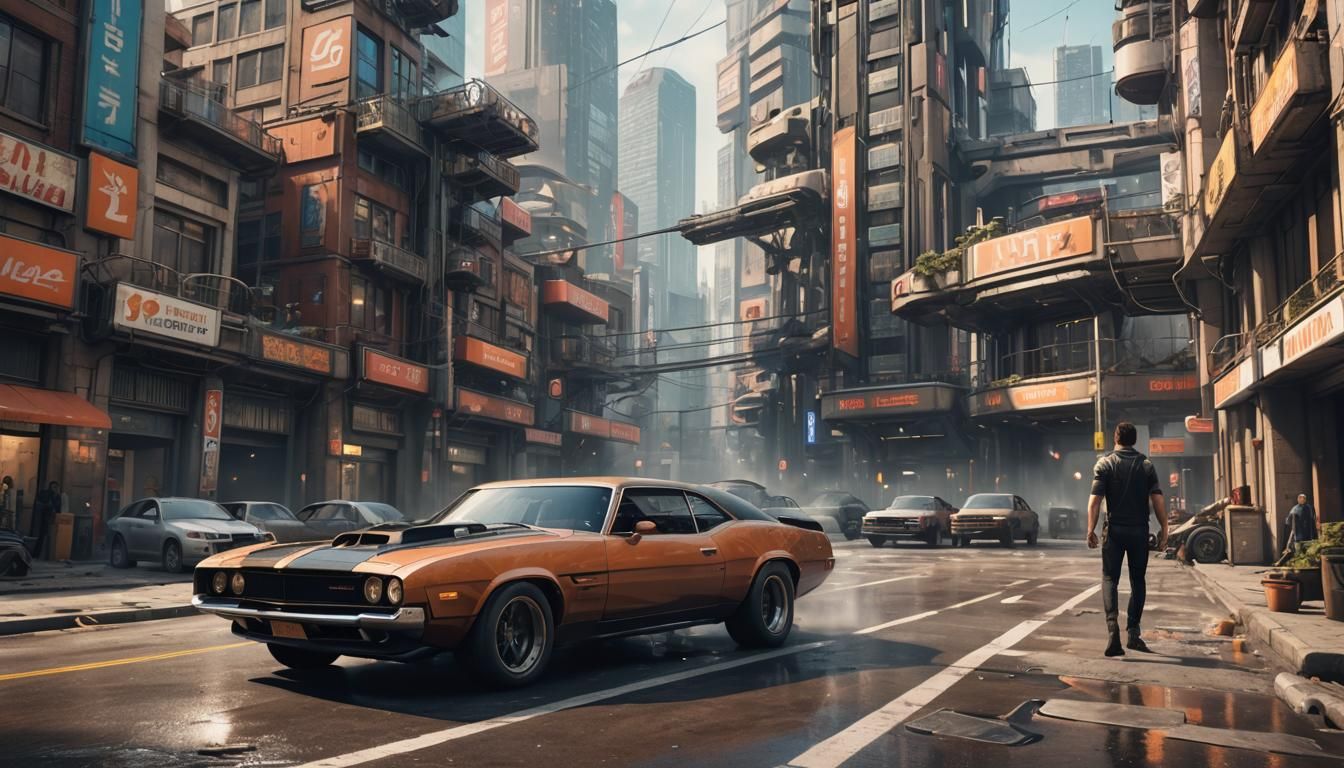 "April in futuristic city in muscle car, strong difference v...