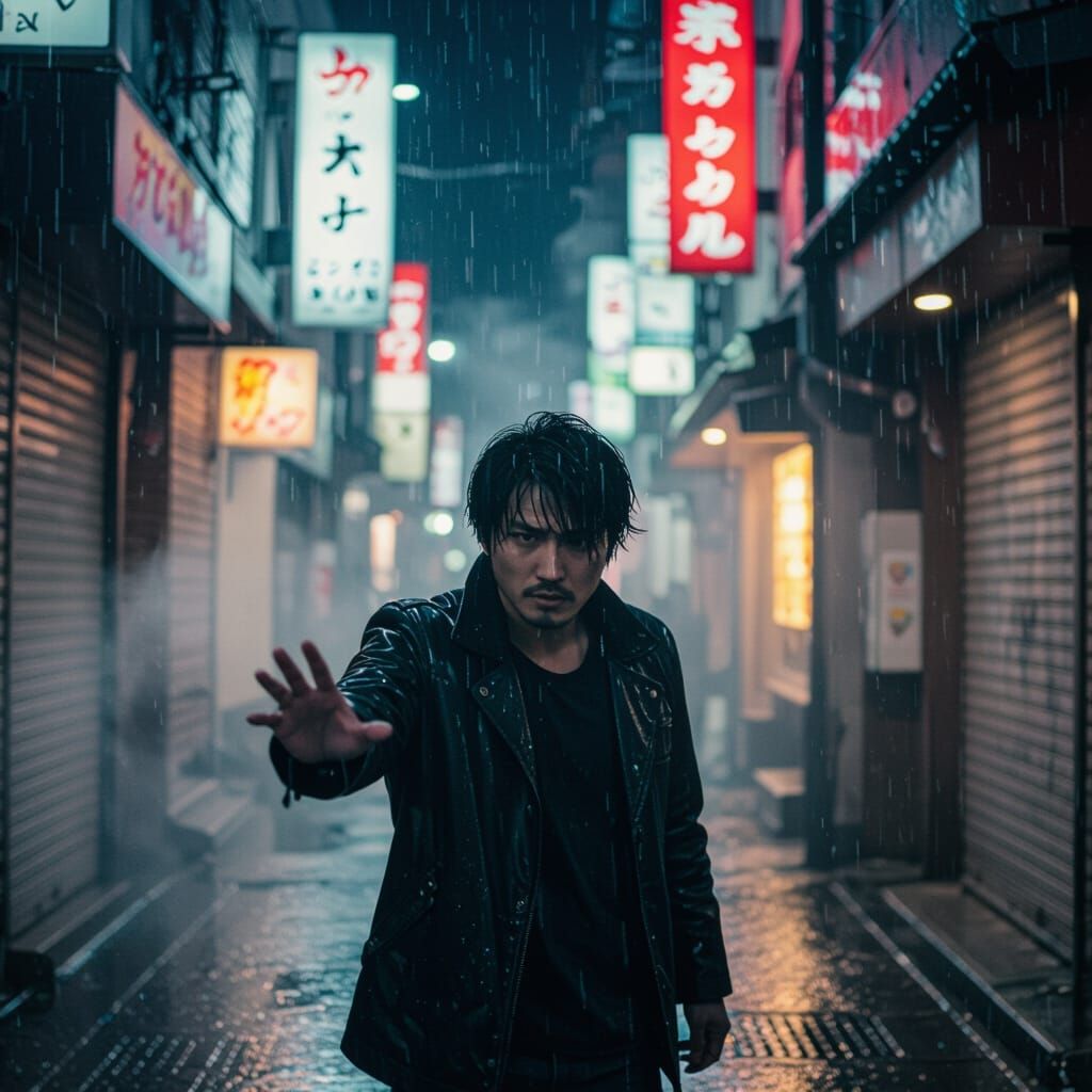 Distressed Japanese Man Pleading for Help in Neon Alley