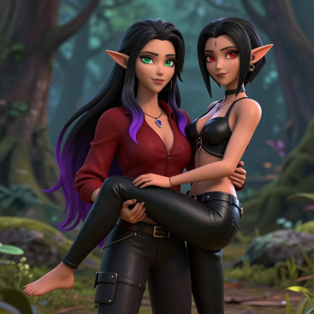 Anime Vampire Holds Elf in Detailed Forest Art