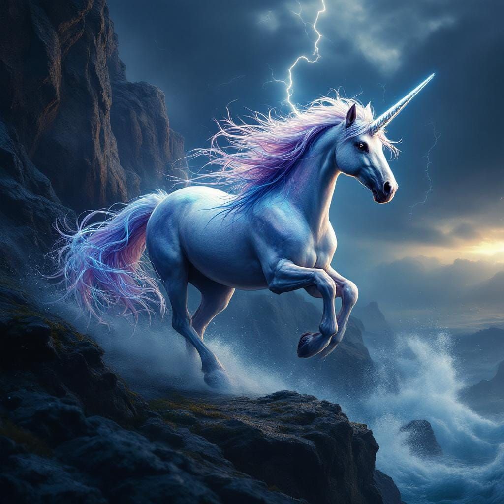 A majestic unicorn galloping across a stormy cliffside, lightning illuminating its silver horn and mane ...  by @Precious Onyeji