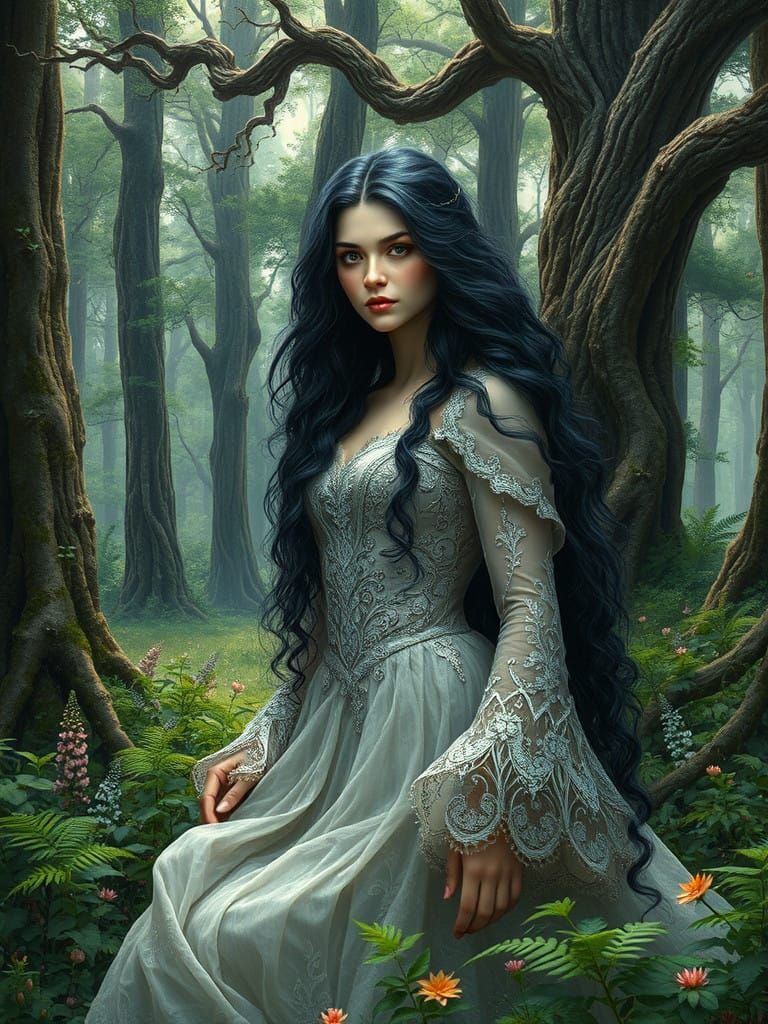 Mystical Maiden in Vibrant Forest, in the Style of Ralph Hor...