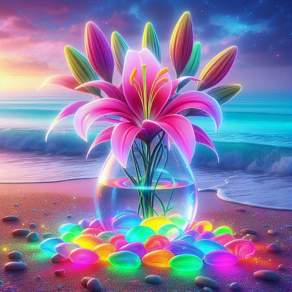 Lilies on the Beach with Neon pebbles