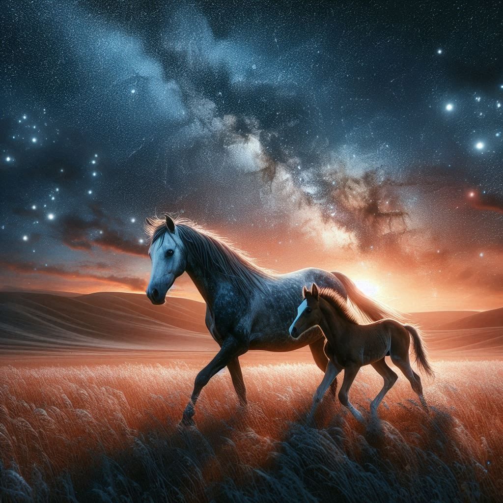 mother horse with her baby running in a field at night under...
