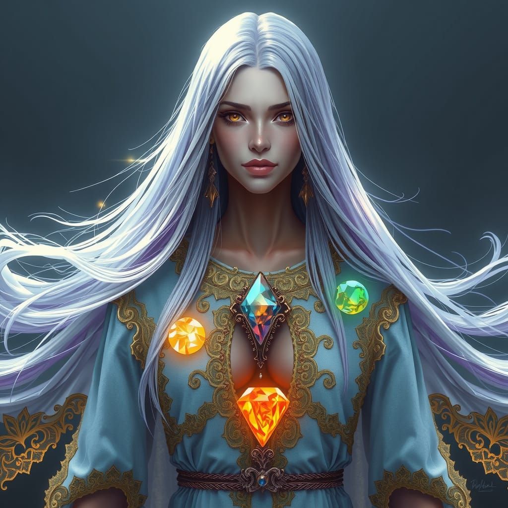 Ethereal Priestess in Celestial Robes with Glowing Elemental...